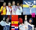 Podyum Taekwondo - kadın 49 kg, Wu Jingyu (Çin), Brigitte Yagüe (İspanya), Chanatip Sonkham (Tayland) ve Lucija Zaninović (Hırvatistan), Londra 2012